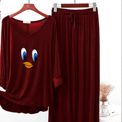 Maroon Printed V-Neck Palazzo Lounge Wear For Women PJ Set