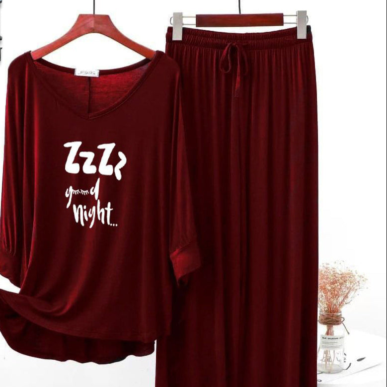 Maroon  Printed V-Neck Palazzo Lounge Wear For Women PJ Set