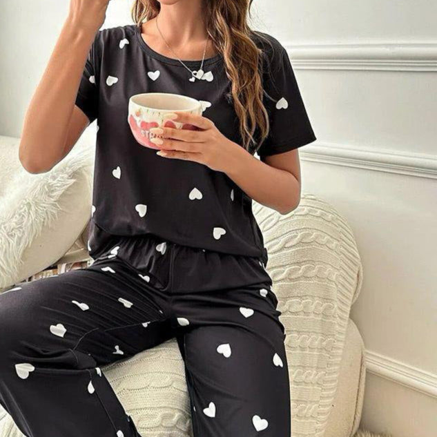 black color nightsuit white heart printed in premium fabric f
