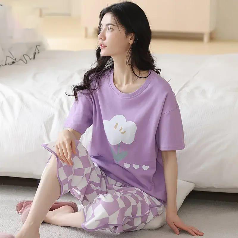 PURPLE NIGHT DRESS FLOWER PRINTED IN COTTON FABRIC