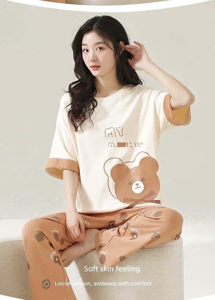 BROWN NIGHT SUIT BEAR PRINTED IN COTTON FABRIC